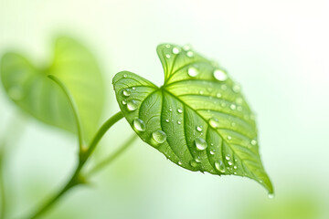 Fototapeta premium A delicate, artistic close-up of Centella Asiatica leaves, glistening with tiny dew drops. The composition is airy and light, with a soft-focus effect on the edges. The background is pure white, creat