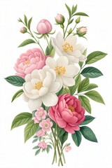 Obraz premium Festive floral arrangement with jasmine, white and pink peonies, and lush green leaves. Ideal for greeting cards and invitations. (Flower)