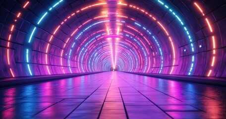 Futuristic neon tunnel glowing light beams particles swirling in vibrant colors with binary code and technology transmission