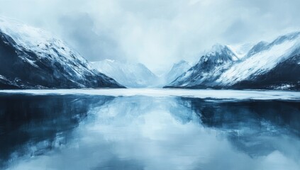 Frozen lake mirroring snowy mountains, winter landscape, serene