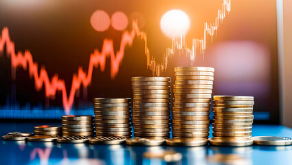 Stack of Golden Coins in Ascending Order Symbolizing Financial Growth & Investment Success &ndash; Glowing Stock Market Chart with Rising Trend in Background