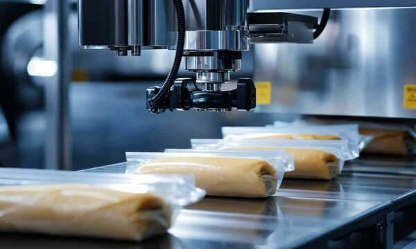 Automated Robotic Packaging System Handling Sealed Food Products on Production Line