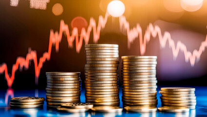 Stack of Golden Coins in Ascending Order Symbolizing Financial Growth & Investment Success – Glowing Stock Market Chart with Rising Trend in Background