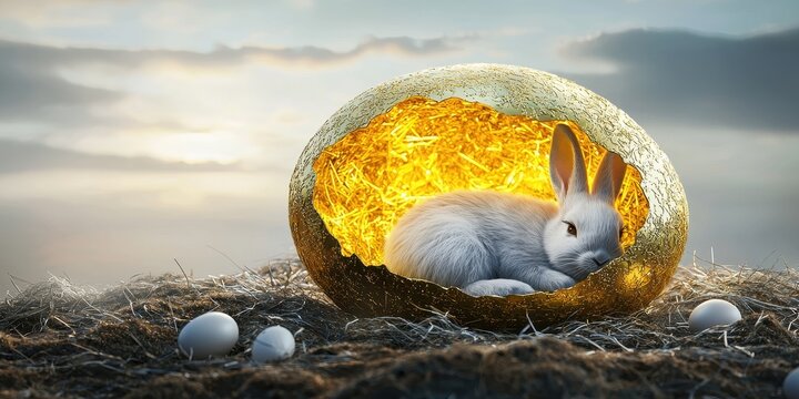 A serene scene featuring a rabbit nestled in a glowing, golden egg, surrounded by a nest and eggs under a cloudy sky. - Powered by Adobe