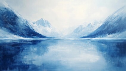 Serene winter lake, snow-capped mountains, calm reflection, peaceful landscape, nature background