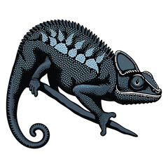 Detailed Illustration of a Chameleon on a Branch/A stylized, graphic illustration of a chameleon perched on a branch against a white background.