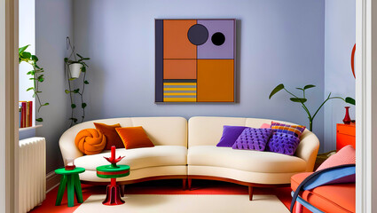 Stylish Mid-Century Modern Living Room with Abstract Geometric Wall Art, Beige Curved Sofa & Colorful Throw Pillows – Vibrant Decor with Purple Cushion & Orange Knot Pillow