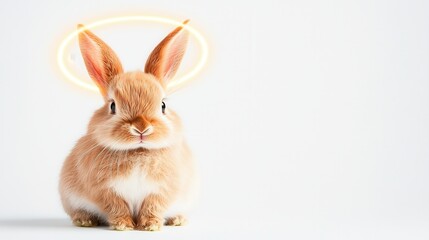 Obraz premium A cute rabbit with a halo, exuding innocence and charm, sits against a minimalist background.