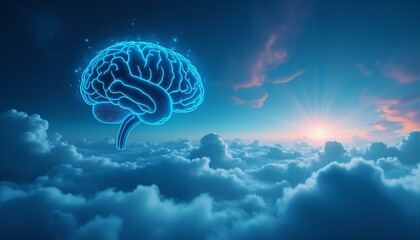 Obraz premium Softly glowing clouds, pinpoint starbursts, serene mental sky, undulating iridescent mist, simplified brain maps, subtle celestial blue gradient