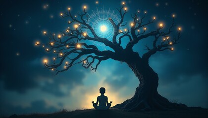 Obraz premium A serene child sits in meditation under an ancient tree with twisted roots, surrounded by mystical symbols.