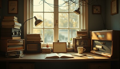 Cluttered home office with vintage radios, dog-eared notebooks, and a 1950s-inspired calendar.