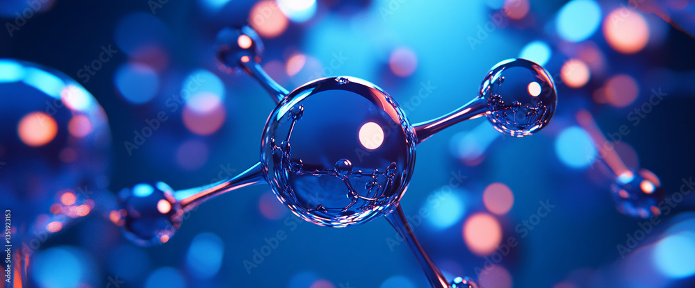 Poster close-up of a molecule model with glossy spheres and connecting rods, illuminated with blue and oran