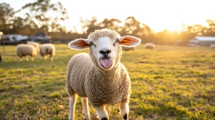 Fototapeta premium Playful Sheep at Sunset: A Golden Hour Farm Scene