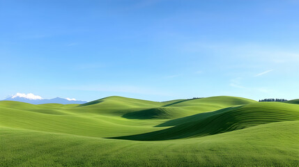 Fototapeta premium Rolling green hills under a clear blue sky, idyllic landscape perfect for travel brochures or website backgrounds