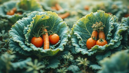 Vibrant hand-painted illustrations of tender kale leaves, cherry tomatoes, and plump carrots in soft focus watercolor style.