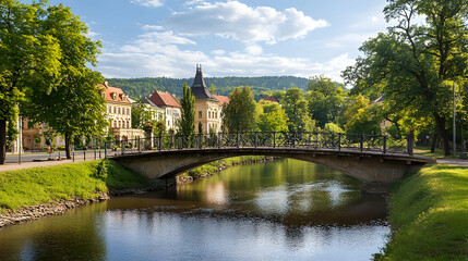 Obraz premium Scenic river bridge, European town, sunny day, lush greenery, tranquil scene. Ideal for travel brochures