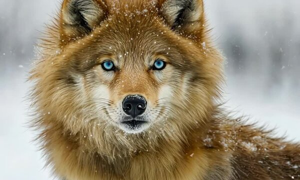 Close-up of a majestic red wolf with striking blue eyes, snow falling gently on its fur; concept for wildlife photography, nature documentaries, and winter-themed designs