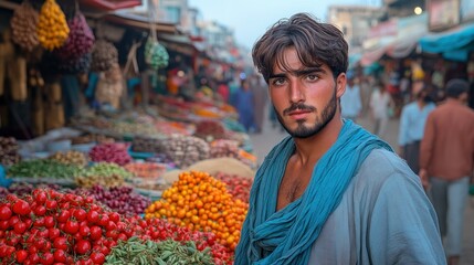 Afghan Market Portrait: A Young Man Amidst Vibrant Colors
