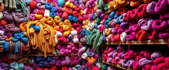 Naklejka premium Vibrant yarn overflowing shelves, colorful wool skeins, craft supplies, spring, colorful background