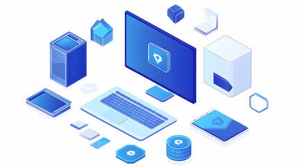 Secure digital network, computer and mobile devices, isometric illustration, data protection background