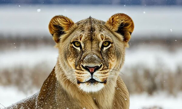 Close-up of a lioness's face covered in snowflakes, against a blurred snowy background; concept for wildlife photography, nature documentaries, and animal conservation campaigns