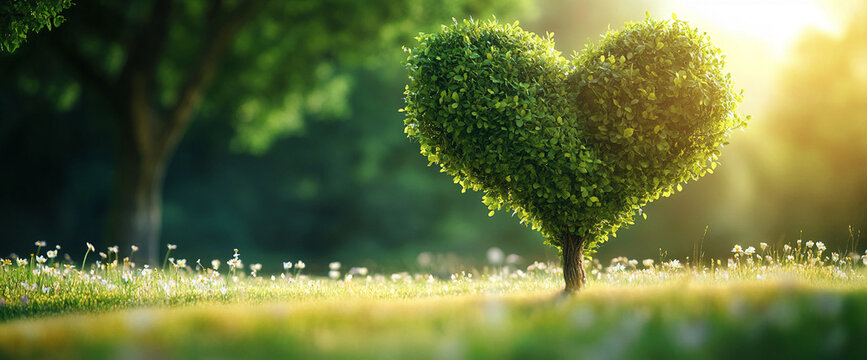 Heart-shaped bush in sunny meadow, symbolizing love, nature, and spring.  Perfect for Valentine's Day or eco-friendly themes