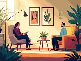 Fototapeta premium Woman and man converse, seated in chairs, plants present.