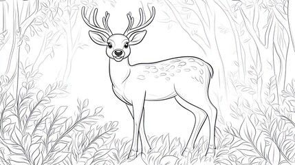 Deer in forest, coloring page, nature scene, wildlife illustration, educational resource