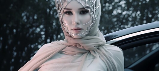 A fierce white walker dryad with an armoured shield Diamond Hijab, ai generative