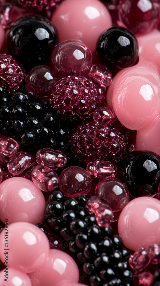 Poster Close-up of pink and dark red glossy spheres and textured clusters, creating a luxurious and rich visual texture, showcasing a refined aesthetic perfect for design backgrounds