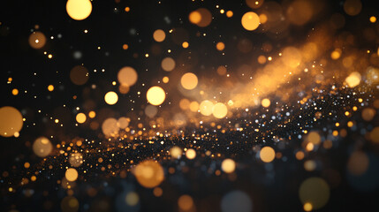 Abstract background with golden bokeh lights and sparkles on a dark surface creating a festive mood