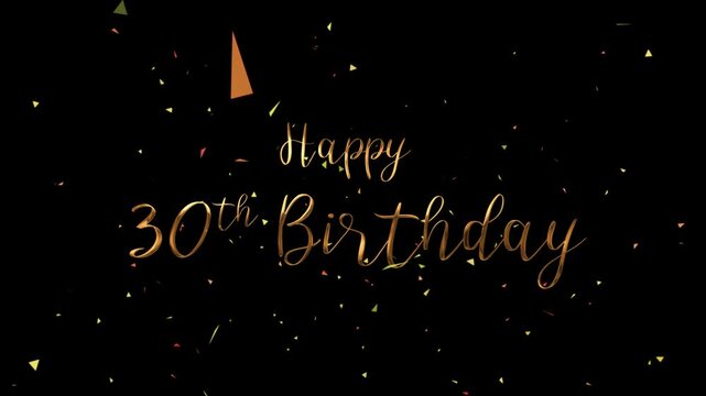 Golden happy 30th birthday message with confetti is ideal for birthday cards, invitations, party decorations, and celebratory social media posts.