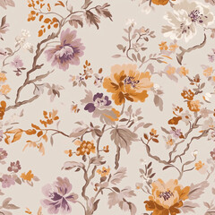 Florals in light brown, mauve and orange tones. Seamless pattern