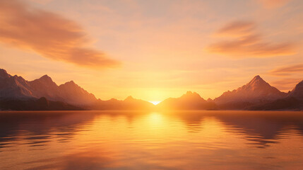 Serene sunset over tranquil mountain lake; peaceful landscape; nature background ideal for travel brochures