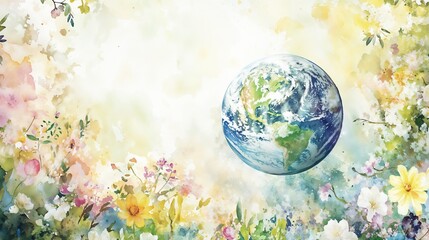 Vibrant watercolor Earth surrounded by colorful flowers, nature illustration, spring vibes