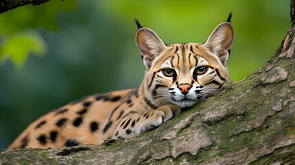Obraz premium Serval Cat Resting on Tree Branch, Lush Green Forest Background, Wildlife Photography