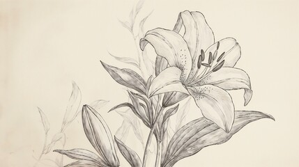 Detailed monochrome illustration of a blooming lily flower, elegant line art, botanical design