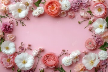 Romantic Floral Composition with Pink Peonies and Roses on Pastel Background with Copy Space for Wedding and Mother's Day