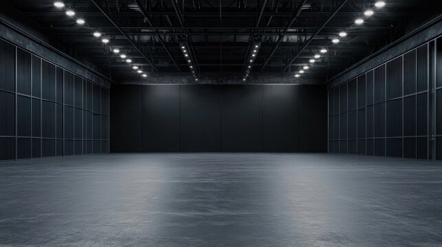 Dark Industrial Interior:  Spacious Empty Hangar with Metal Walls and Concrete Floor, Dramatic Lighting
