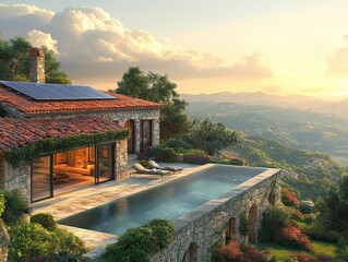Fototapeta premium Hilltop villa with infinity pool, enjoying sunset views and solar panels