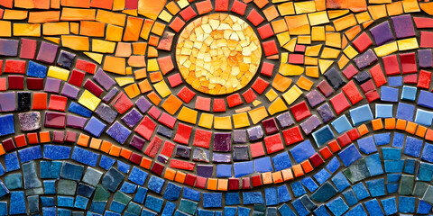 Vibrant mosaic sun art, Colorful tile pattern, Modern artistic mosaic, Bright sun and waves design, Abstract mosaic artwork