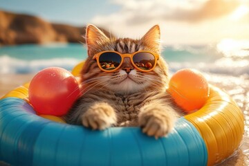 Cat Lounging in Inflatable Pool on Sunny Beach with Sunglasses and Beach Balls