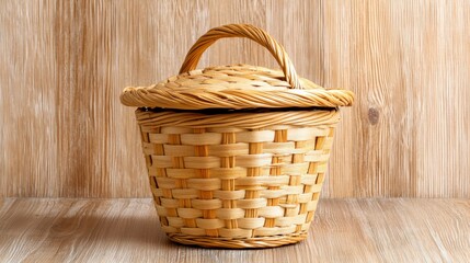 Obraz premium Beige Wicker Basket on Light Wood Surface
