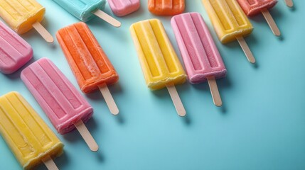 Colorful popsicles on pastel blue background minimalist summer design