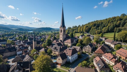 Obraz premium Aerial view of historic village with church tower germany drone photography scenic landscape