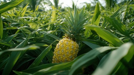 Fototapeta premium Ripe Yellow Pineapple Amidst Lush Green Tropical Foliage