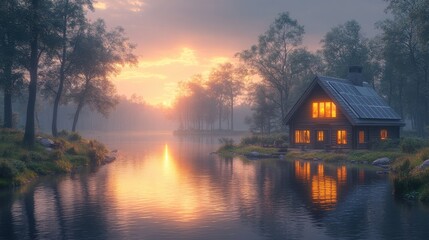 Fototapeta premium Lakeside cabin glows warmly at sunrise, misty scene