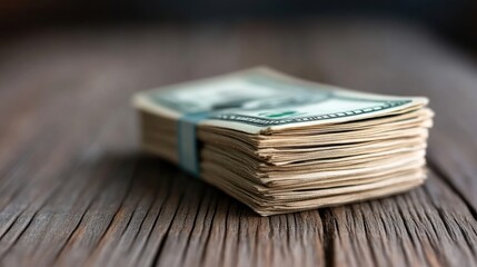 Stack of US currency on wooden surface (1)
