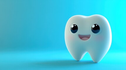 Happy tooth cartoon, blue background, dental hygiene