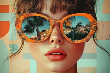 Trendy woman in huge sunglasses with tropical reflections summer travel collage retro style